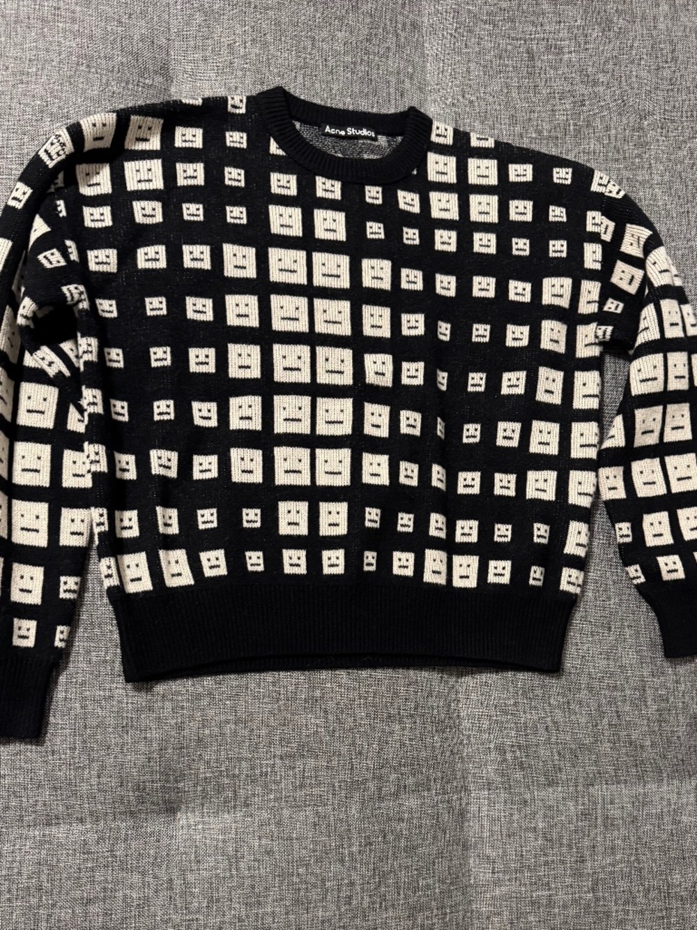 Acne Studios Face Logo Jacquard Check Wool Sweater Black Off-White S
